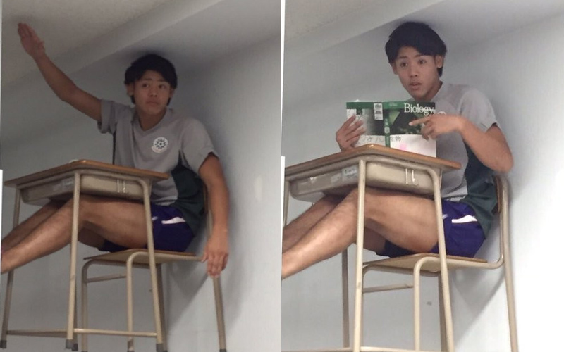 男學生在教室內展現「漂浮課桌椅」超神絕技！鏡頭拉遠一看...：他大腿超猛的！
