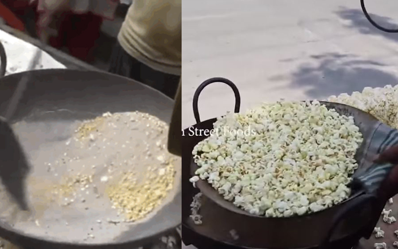印度攤販「拿沙子炒爆米花」畫面超新奇  全程純手工網友直呼：好想吃